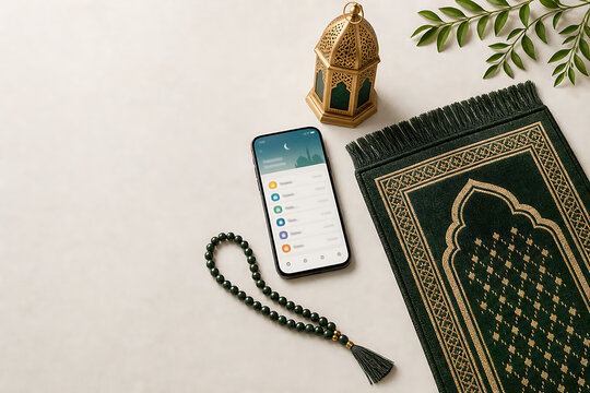 Islamic prayer essentials flat lay with prayer rug, tasbih beads, lantern and smartphone Quran app