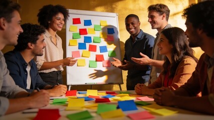 Fototapeta premium Diverse Creative Team Brainstorming with Sticky Notes on Whiteboard