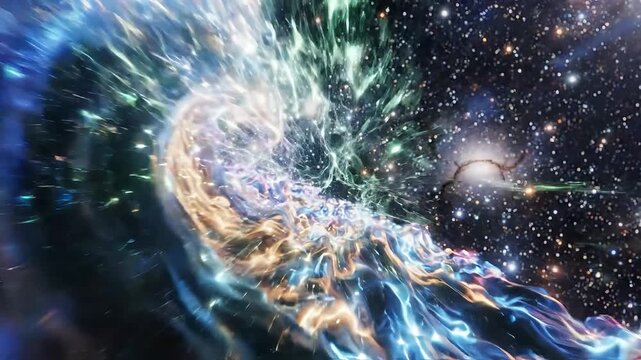 A vibrant cosmic swirl of colors and light in deep space.