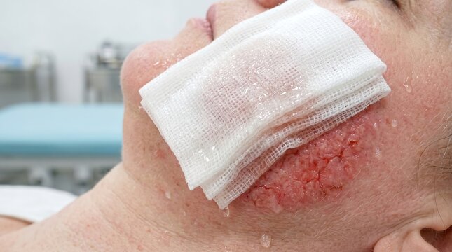 Close up of patient face with medical wet dressing and bandage on an inflamed surgical wound
