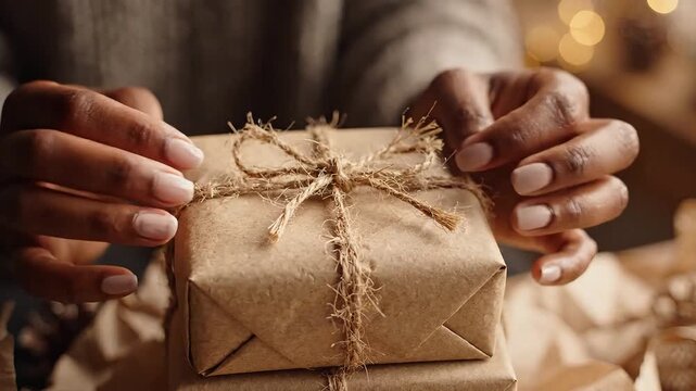 Hands wrapping a cozy gift with rustic brown paper and twine.