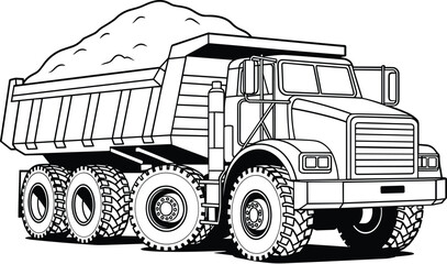 Heavy dump truck construction vehicle, outline vector illustration industrial transportation machinery design element collection artwork set © Sume