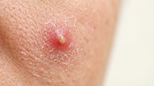 Extreme close up of painful inflamed boil pustule abscess with yellow head on dry skin