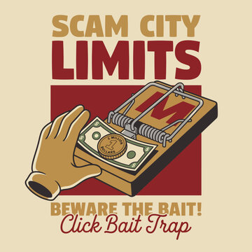 This humorous illustration features a mouse trap and cash, symbolizing warning against clickbait scams, cleverly blending humor with a cautionary message.
