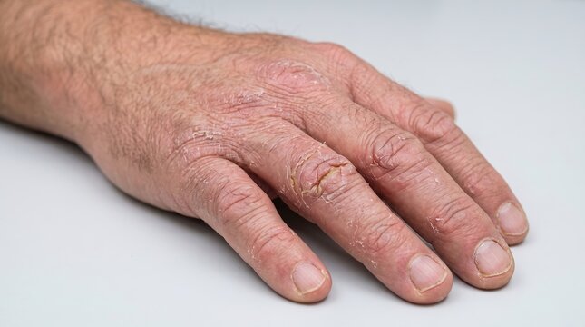 Elderly man hands showing severely dry cracked bleeding skin and chapped knuckles