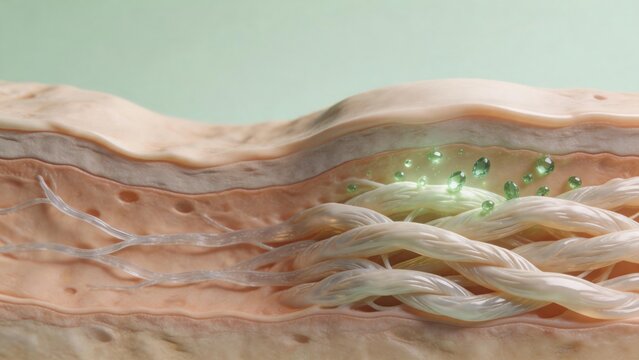 3D medical illustration of active serum drops revitalizing and binding collagen fibers inside dermis layer