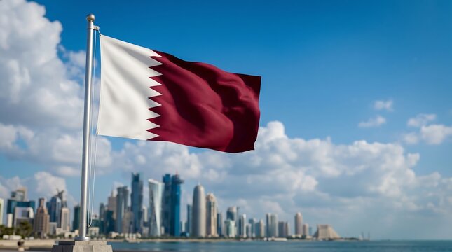 National flag of Qatar waving on flagpole with Doha West Bay skyline background under blue sky