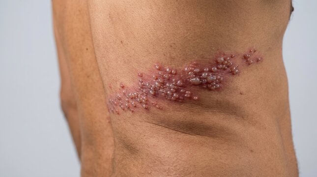 Side view of male torso with painful herpes zoster shingles rash showing clusters of fluid filled blisters