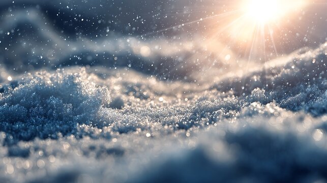 Sparkling snow crystals shimmer under a bright sunburst in winter