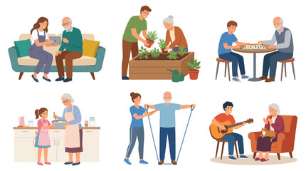 Fototapeta premium A collection of warm, engaging activities between elderly people and youth, showcasing the beauty of generational bonding through various thoughtful and interactive moments.