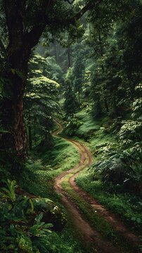 Winding dirt path leads through a serene, vibrant, green forest landscape