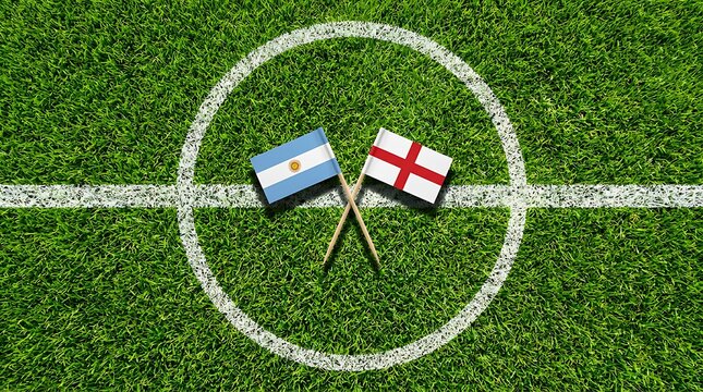 Soccer ball in center circle on grass field with crossed argentina and england flags for sporting event championship match competition match.