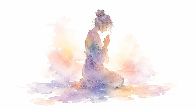 ひざまずいて心静かに祈る女性が描かれた水彩画のイラスト