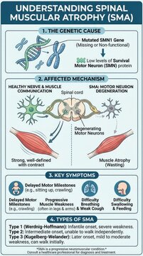 Hereditary motor disease: Spinal Muscular, Atrophy case, SMA diagram, genetic cause, neuron degeneration, symptom category, infantile onset, chromosome defect, protein deficiency, swallow dysfunction.