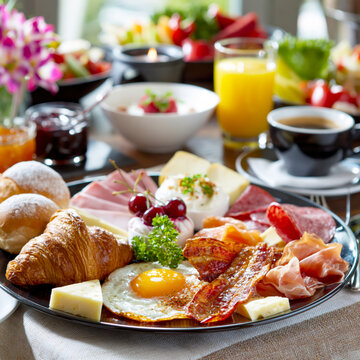 Gourmet Breakfast Platter with Coffee and Juice AI Generative