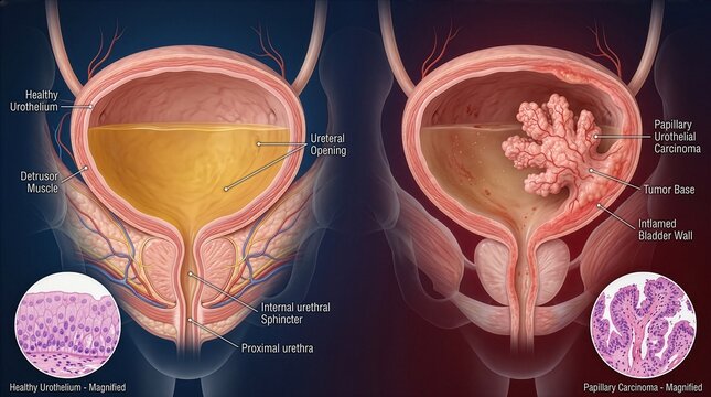 Medical illustration Healthy urinary bladder compared to bladder with papillary tumor, detailing normal anatomy and magnified cancerous tissue
