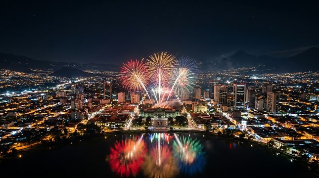 Night aerial view of vibrant fireworks exploding over a metropolitan skyline with water reflections