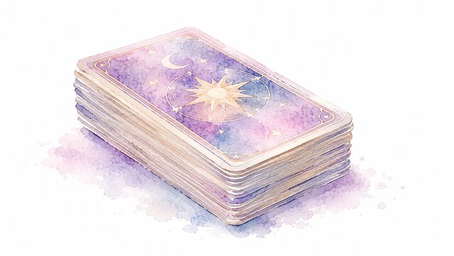 神秘的な月と星のシンボルが描かれたタロットカードの束水彩イラスト