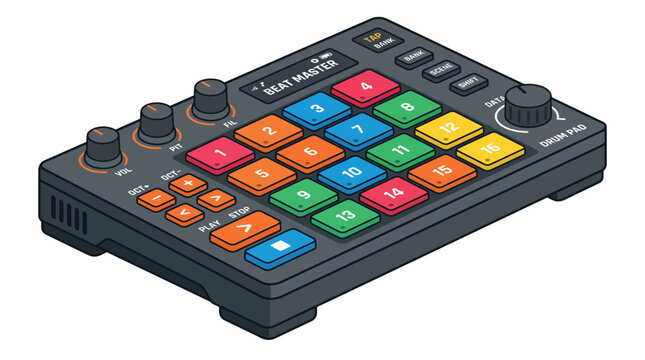 Isometric digital drum pad controller with colorful buttons and rotary knobs for electronic music production with sampling
