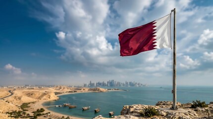 Fototapeta premium Qatar flag waving on pole overlooking Doha city skyline with traditional dhow boats and coastal desert