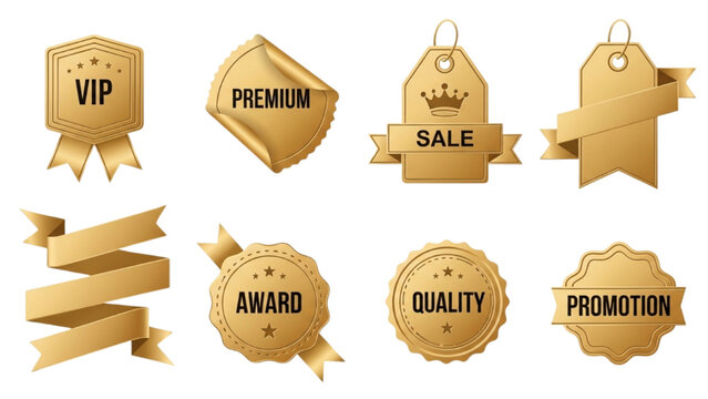 Golden badges and labels with promotional text on white background