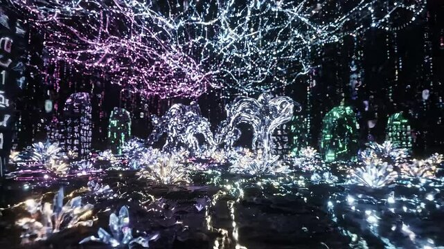 A vibrant, surreal landscape illuminated by glowing lights.