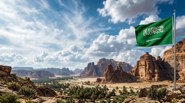 Saudi Arabian flag waving on pole over AlUla desert landscape with sandstone mountains and oasis valley