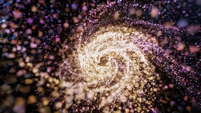 A vibrant, swirling galaxy filled with colorful cosmic particles.