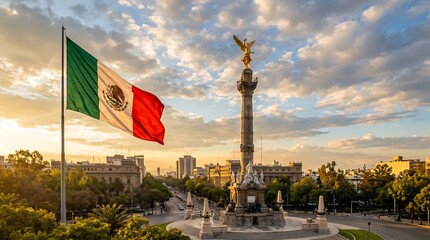 Plakat Sunset view of Angel of Independence monument with waving Mexican flag in Mexico City cityscape