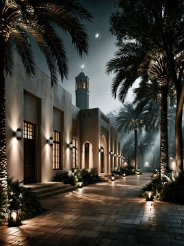 Illuminated Mosque Under Crescent Moon AI Generative
