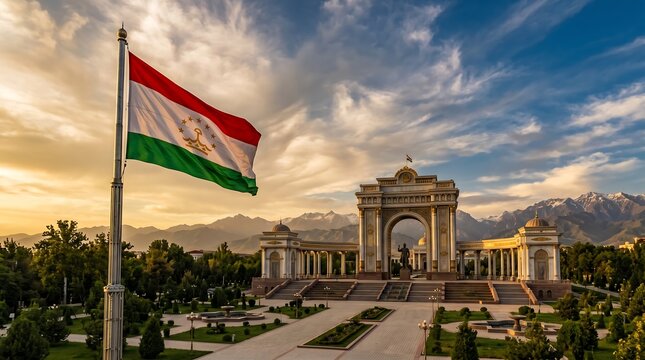 Tajikistan flag waving at sunset over Ismoili Somoni monument in Dushanbe with mountain backdrop landscape