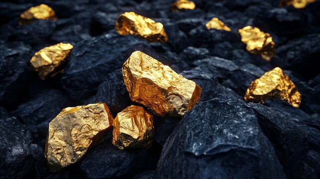 Raw gold nuggets scattered across dark coal, a dramatic close-up showcasing wealth, mining, and the earth's hidden treasures