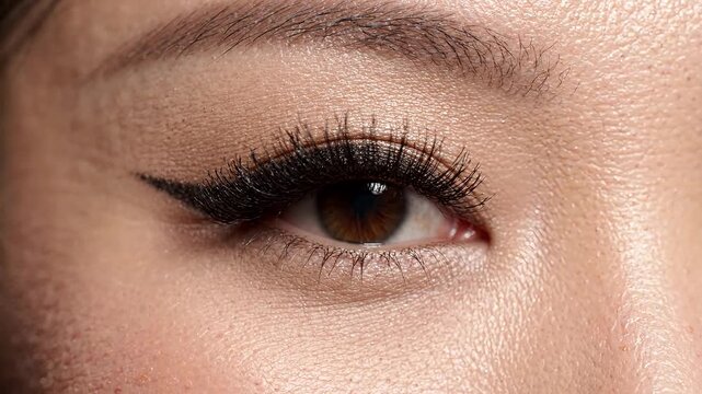 Close-up of an elegant eye showcasing detailed makeup and lashes.