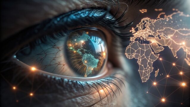 A close-up of a human eye reflecting a digital map of the Americas, with a glowing network and a world map highlighting connectivity and global communication.