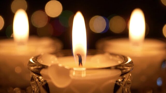 Three glowing candles create a serene and warm atmosphere.