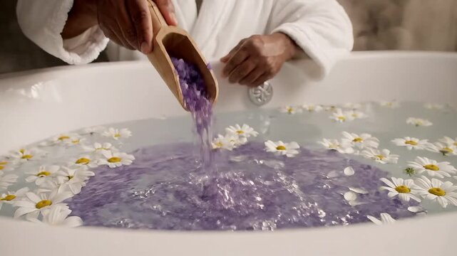 A soothing bath setup with lavender and daisies for relaxation.