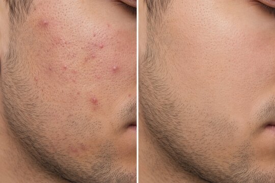 Man cheek before and after acne treatment. Comparison of problematic skin texture with pimples and clear healthy rejuvenated skin. Dermatological skincare concept for male grooming.