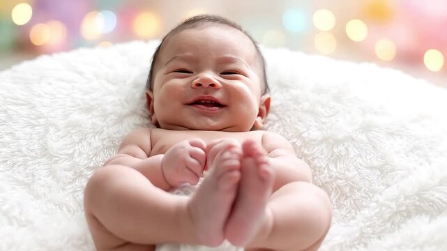 A joyful baby smiles while playing on a soft, cozy surface.