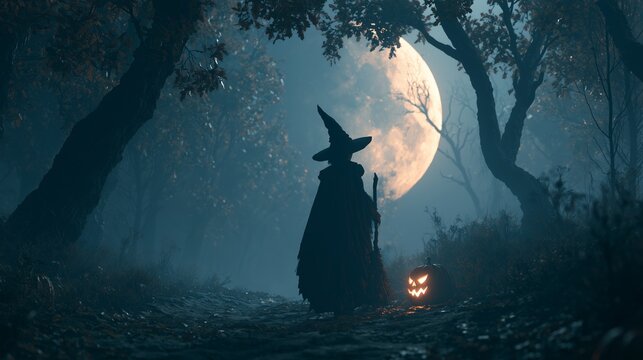 Witch walks on a dark path with a pumpkin during Halloween night under a full moon