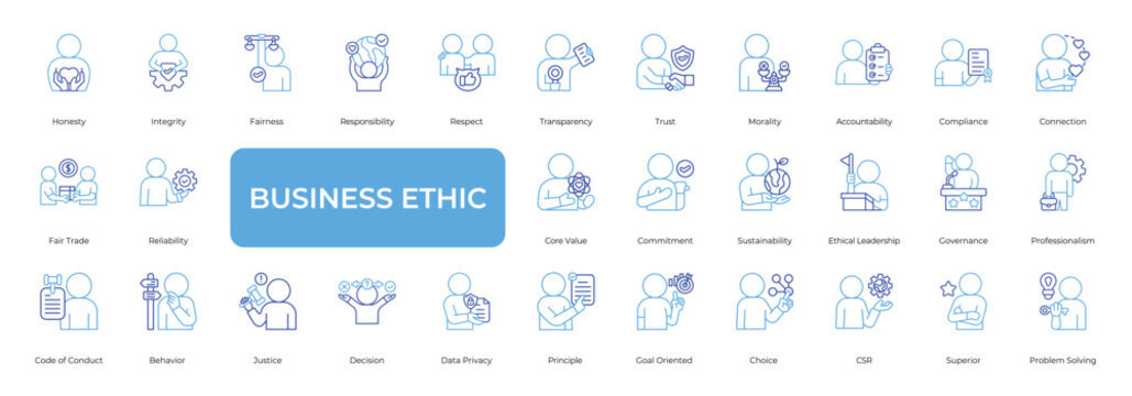 Business Ethic Icon set Collection in Line Two Color Style. honesty, integrity, fairness, responsibility, respect, transparency, trust, morality
