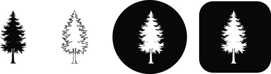 Set of four coniferous tree featuring solid black, outline, white on black circle, and white on black square shapes © SilhouetteStore