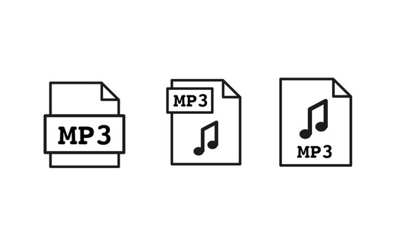 MP3 file outline icons set isolated on white background. Vector illustration of audio file format symbols. Music, sound, and audio storage concepts for media players, apps, and digital design.
