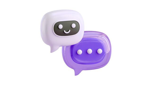 Chatbot speech bubbles with cute smiling face and purple glass texture icon on transparent background