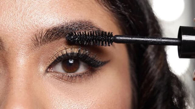 Close-up of a woman applying mascara, highlighting elegant eye makeup.