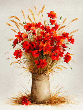 Vintage Botanical Bouquet of Red Carnations and Wheat on Rustic Paper. AI generative.