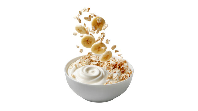 Healthy yogurt bowl with falling banana slices and raw oats served in white ceramic on transparent background