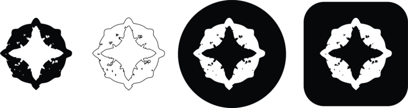 Abstract starburst set, featuring four variations of a jagged, four-pointed shape in black and white