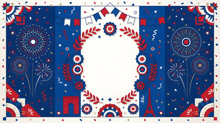 Obraz premium Decorative French themed banner with fireworks and national symbols in a flat vector style