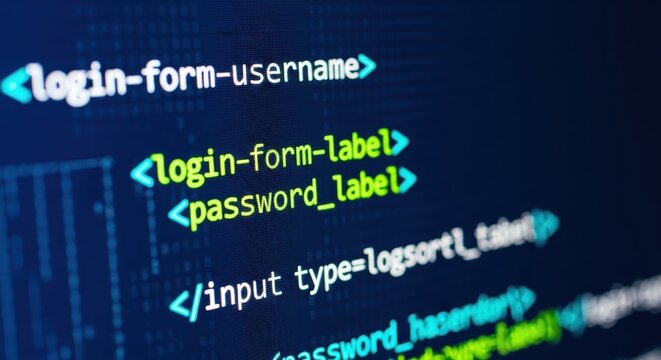 Detailed close-up of computer code displaying HTML tags for login form elements