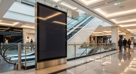 Obraz premium Modern Shopping Mall Interior with Escalators and Digital Signage.